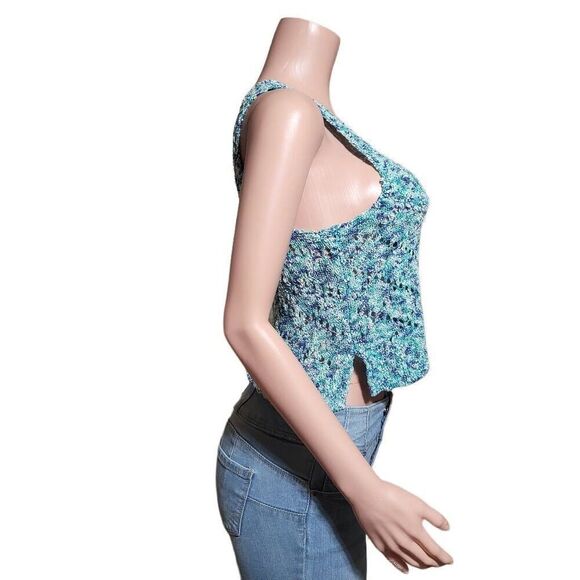 Asymmetrical crew neck water blue sleeveless crochet tank top M - Picture 3 of 7